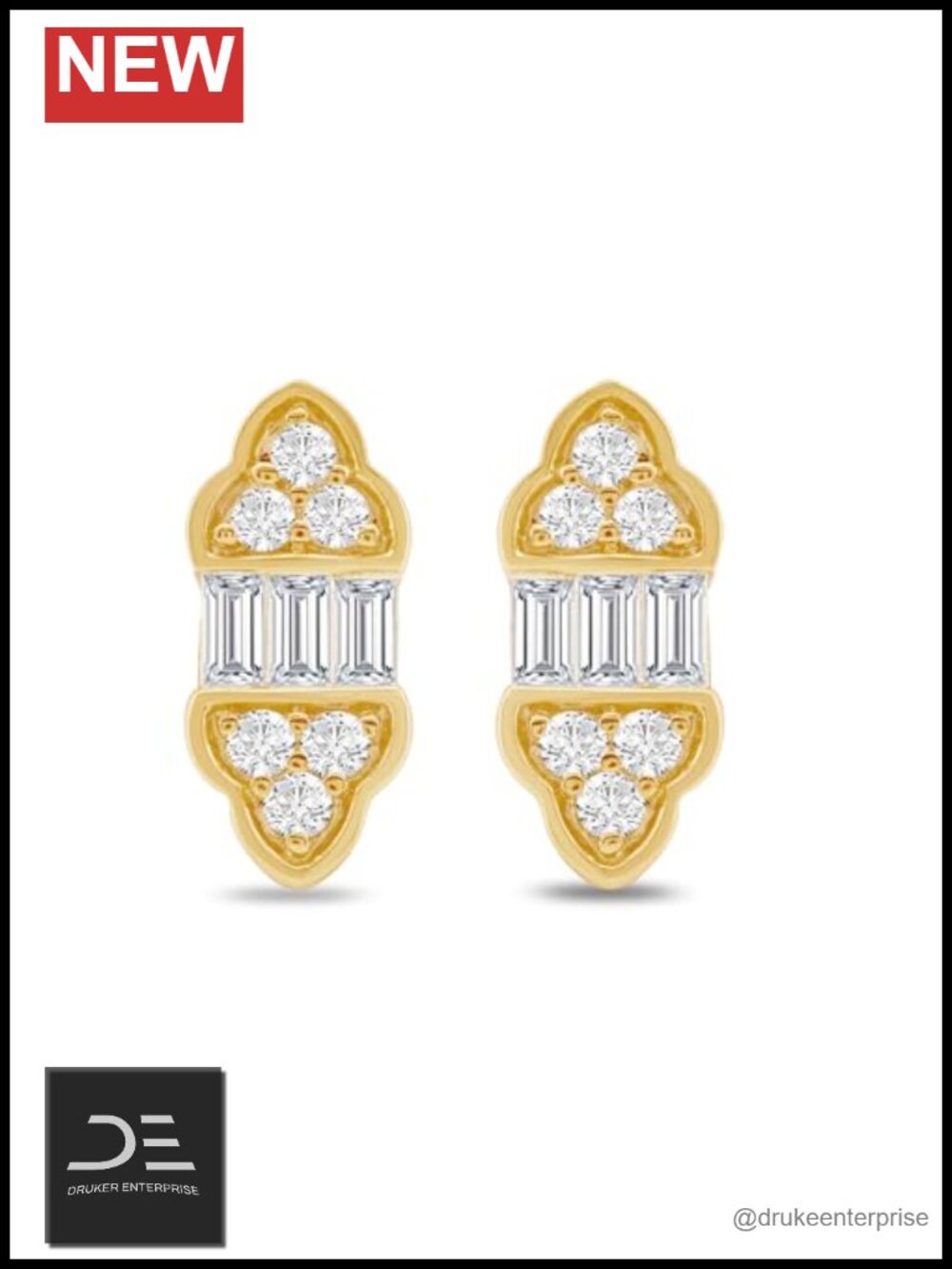 10K Yellow Gold Diamond Stud Earrings Round Baguette Post Butterfly